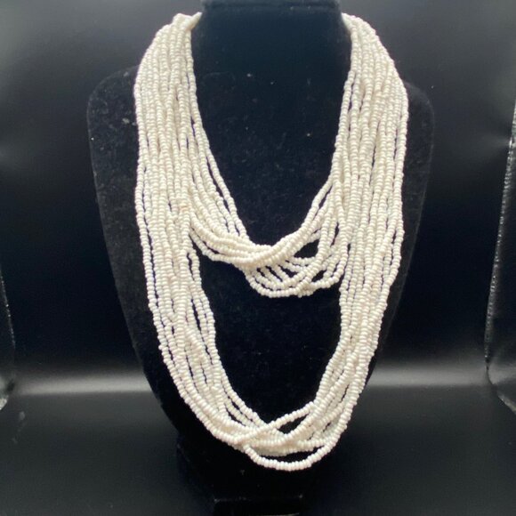 White Seed Bead Multi Strand Necklace Gold Tone Filigree Caps Glass 32" Vtg READ - Picture 2 of 8